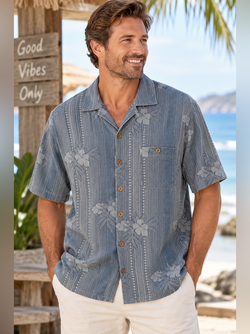 Island Shores Washable Silk Hawaiian Shirt Men’s 100% Silk Blue Tropical